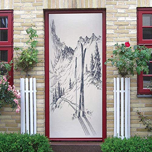Adesivi Per Porte 3D 90X200Cm Autoadesiva Carta Da Parati In Pvc Alberi Da Sci Di Montagna Neve Slittino Fotomurali Art Parete Decalcomanie Casa Decorazione Poster Soggiorno Camera Da Letto Ba