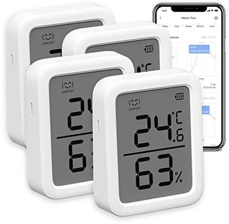 SwitchBot Innen Thermometer Hygrometer 4 Stück, Innentemperatur-Feuchtigkeitssensor mit intelligenter Warnung und 68-Tage-Datenspeicherung, Bluetooth-Raumthermometer für Baby, Zuhause, Garage