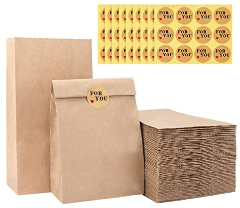G2PLUS 100 Stück Braun Papiertüten Klein, Kraftpapier Geschenktüten, Papiersäckchen Klein 13x8x24CM, Tüten aus Kraftpapier mit Aufkleber, Braun Standbeutel für Geschenke, Adventskalender | 13 x 8 x 24 cm, Braun, Bonbonbeutel + 108 Stück, für Partys, Hochzeiten, Geburtstage, Weihnachten