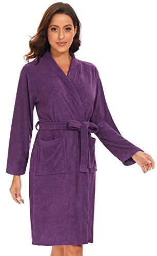 vislivin Leichter Bademantel Damen Frottee Bademantel Sauna Morgenmantel Knielanger Saunamantel Bathrobe Damen
