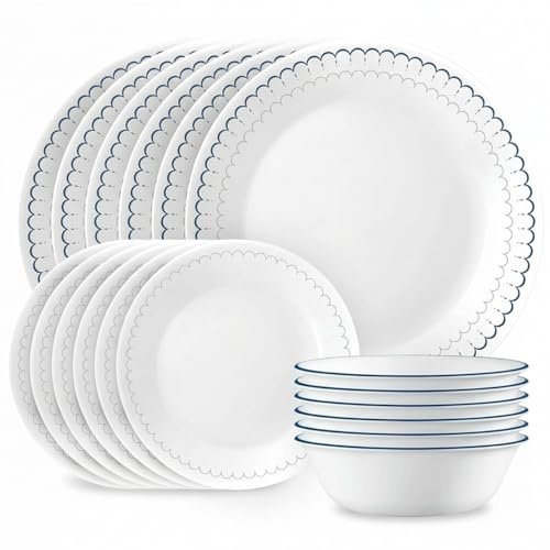 Corelle 18-Piece Dinnerware Set, Service for 6, Lightweight Round Plates and Bowls Set, Vitrelle Triple Layer Glass, Chip Resistant, Microwave and Dishwasher Safe, Caspian