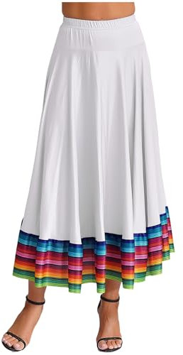 CHICTRY Damen Flamenco Dance Lange Rock Maxirock Tanzrock Faltenrock Tango Latein Walzer Bauchtanz Ballroom Wettbewerb Kostüm Weiß C 5XL