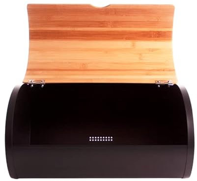 KADAX Panera de 38 x 24 x 21 cm con tapa de bambú, fiambrera con tapa frontal, panera enrollable de madera y acero, soporte para pan (negro)