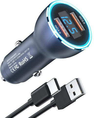 Rocketek Cargador Coche Carga, QC3.0 Cargador Coche Carga Rapida 36W y Cable USB C, Cargador Mechero Coche Mini Metal Adaptador Cargador Coche USB para iPhone 15 14 13 12 Pro MAX Samsung iPad Huawei