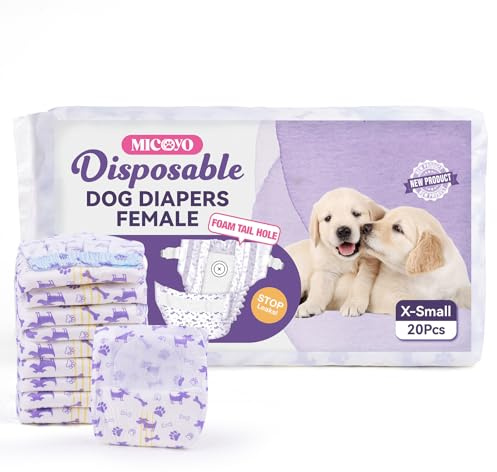 MICOOYO Pannolini Cane Femmina Monouso, Pannolini per Cani con apertura regolabile della coda, indicatore di umidità, Tuta per cuccioli e gatti in calore/addestramento(XS,20 pezzi)