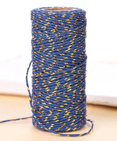 50m Blau Gold Bindfäden, 1.5mm Bäcker Baumwolle Handwerk Bastelschnur Dekokordel Schnur Baumwollschnur Für DIY, Geschenke Verpacken, Weihnachts Dekoration