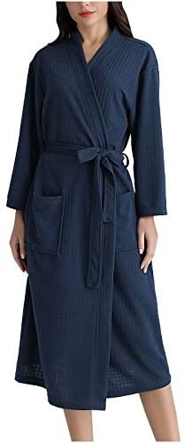 Waffle Dressing Gown Womens Lightweight Waffle Full-Length Robe Gowns Long Bathrobe Soft Luxury Dressing Gown Pajamas V Neck Long Sleeved Bath Robes with Belt for All Seasons Spa Hotel Sleepwear