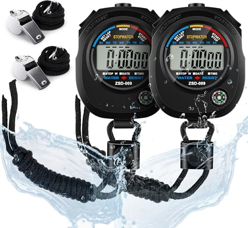 2 Pack Digital Stop watch Timer with 2 Whistle Set | Waterproof Stopwatch with Large Display Date, Time & Alarm | Sports Stopwatch for Swimming, Running and Fitness | Perfect for Coaches | Black