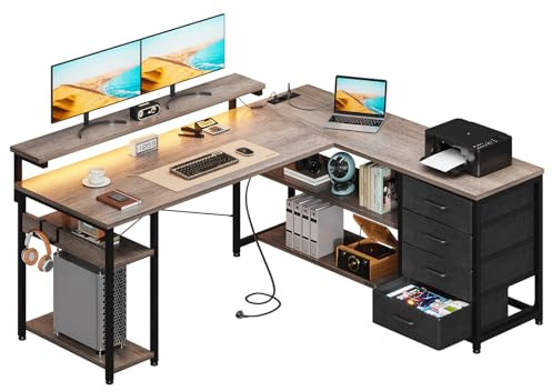 ODK Bureau d'angle avec Tiroirs et LED, 135x110cm Chêne Gris