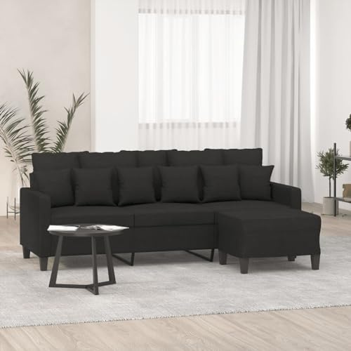 Gecheer Soffa, för vardagsrum, med 3 sits, design, tyg, svart, med fotstöd, med kuddar, 198 x 77 x 80 cm, modern tygsoffa, modern soffa, tygsoffa, 3-sits soffa