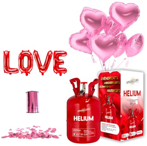 SPARKLERS CLUB PACK MY VALENTINE PINK HEART - Ballons C?ur Rose (x10) + Bouteille Helium + 100 pétales de rose rouge + Ballon LOVE + Ruban en amoureux, idéal pour Saint Valentin