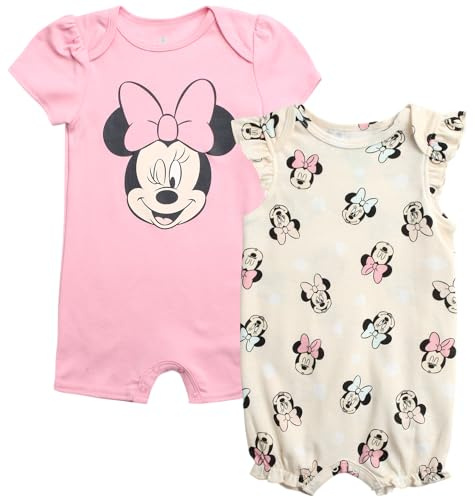Disney Baby Girls Romper - 2 Pack Ruffled Short Sleeve Baby Jumpsuit Romper - Cozy Baby Clothes for Girls (Newborn/Infant), Size 18M, Pink/Polkadot Minnie