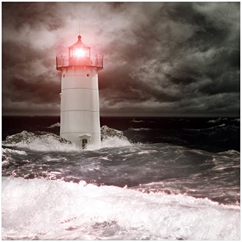 Wallario Glasbild Leuchtturm im Wasser bei stürmischer See - 30 x 30 cm Wandbilder Glas in Premium-Qualität: Brillante Farben, freischwebende Optik