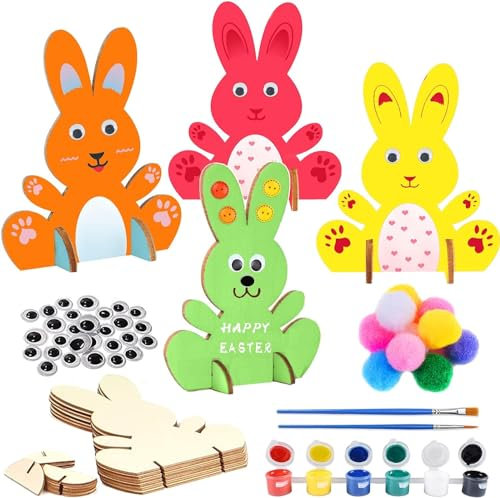 FGen 10PCS Lapins en Bois à Peindre, kit de décoration de lapin de Pâques, Pompons Colorés, des yeux écarquillés, Ensemble Artisanal Enfants Printemps pour Pâques Décorations