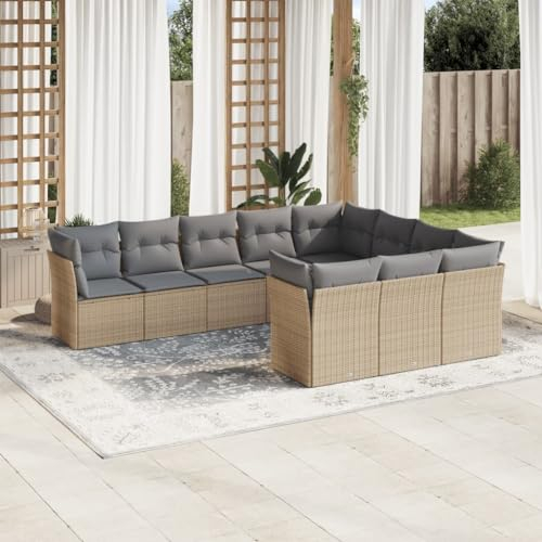 ULUYYUC 10-TLG. Garten-Sofagarnitur, Küchensofa Eckbank Küche Gartenbank Hocker Geeignet für Außenbereich Hinterhof Garten Balkon mit Kissen Beige Poly Rattan