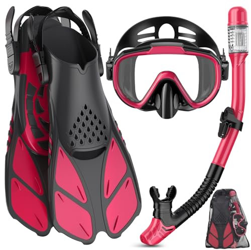 Ubekezele Schnorchelausrüstung für Erwachsene, Herren und Damen, 4-in-1-Schnorchel-Set mit Panoramablick, Anti-Beschlag, Anti-Leck, Trocken-Top-Schnorchel, Flossen und Reisetasche zum Schwimmen,