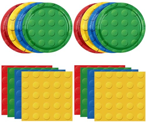 DURYGEN 80PCS Building Blocks Themed Birthday Party Decorations Colorful Building Block Tableware Paper Plates Napkins Set for Boys, Kid’s Birthday Party Decorations Serve 20