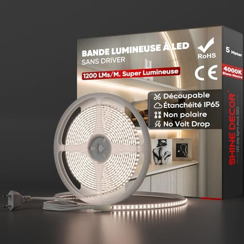 Shine Decor LED Streifen 5m, AC 220V 230V IP65 Wasserdicht LED Band, SMD 2835 120 leds/m Ultrahohe Helligkeit Lichtleiste für Küche Garten LED Beleuchtung (5M, Neutralweiß, CE Zertifiziert)