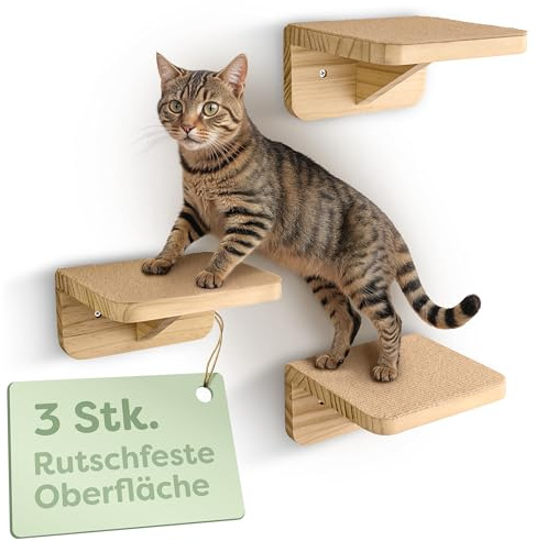 Knupis Estante De Pared para Gatos - 3 Escaleras para Gatos Pared - Madera De Pino Fsc® - Fieltro Antideslizante - Fácil Montaje - hasta 30 Kg (Beige)