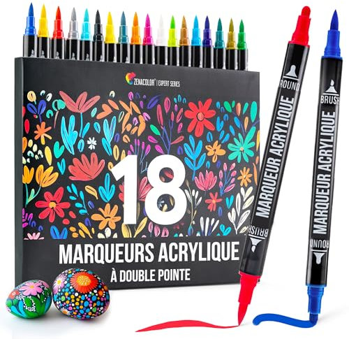 Zenacolor 18 Acrylstifte für Steine wasserfest mit Doppelspitze (feine Spitze und Pinsel) - Acrylstifte verschiedene Oberflächen - Multimarker Acryl