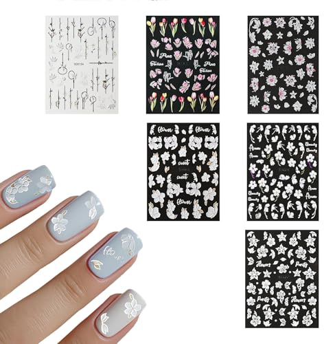 6 Blatt Nagelsticker Selbstklebend,5D Stereoskopisch Selbstklebend Nail Art Sticker Ausgehöhlt Weiß Blumen Nail Sticker für DIY Nagel Dekoration Nagelzubehör