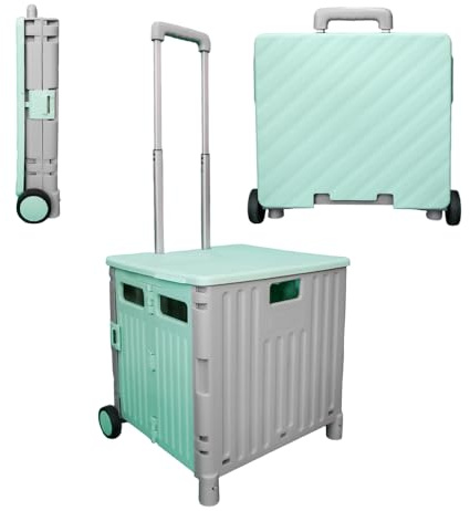 Berry 50 L hopfällbar shoppingvagn – mintgrön och grå, 40 kg plastvagn med 2 hjul och lock, vagn med teleskophandtag, stor mångsidig verktygsvagn för shopping, lärare, tvätt