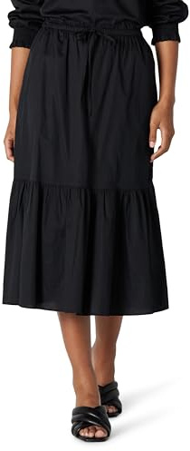 Amazon Essentials Jupe Mi-Longue Trapèze Étagée, Taille Mi-Haute, en Satin de Coton (Haut Vendu Séparément) Femme, Noir, S