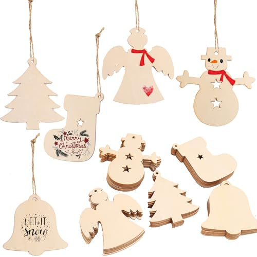 HERZONE Weihnachten Holz 50 Stück Holzanhänger Weihnachtsbaum Holz Anhänger Weihnachten Weihnachtsanhang für Weihnachtsbaum DIY Anhänger Dekoration (A)