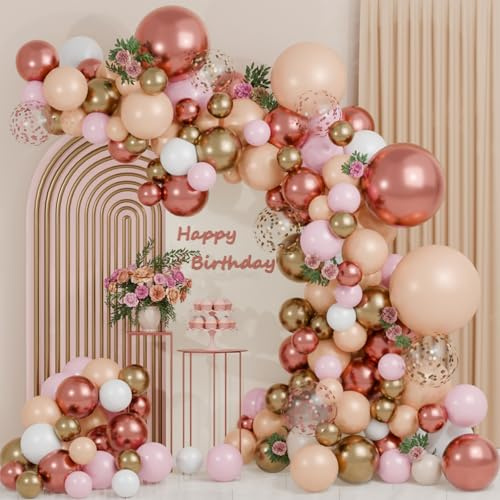 QIFU Rose Gold Balloon Arch Kit, 114pcs Balloon Arch Kit Rose Gold Pink Gold White Balloons with Confetti Balloons for Ruby Wedding Decorations Bridal Shower Princess Party Birthday Baby Shower