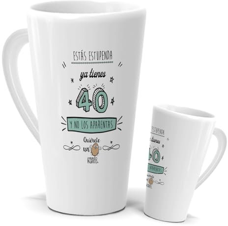 Taza Feliz 40 años | Taza Cónica Gigante de medio litro | Ya tienes 40 y No los Aparentas | Tassa con Frases Motivadoras 40 años Mujer | Taza de Té, Café o Infusiones | Regalo de Cumpleaños