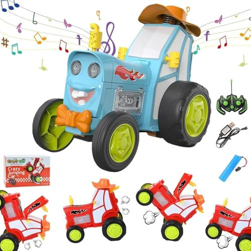 Jump Fury Stunt Tractor, Remote Control With Lights & Music, Rechargeable Jumping Car, Electric Crazy Twisting Toy for Boys - Xmas Birthday Gift (Blue)