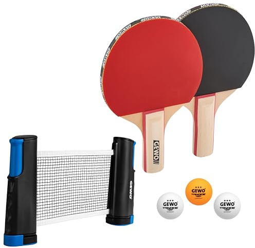 GEWO Midi Schlägerset - Tischtennisschläger-Set mit Zwei kleineren Schlägern und DREI Bällen - 2 Schläger mit verkleinertem Griff und Schlägerblatt sowie Tischtennis-Trainingsbälle, 18,5 x 11cm