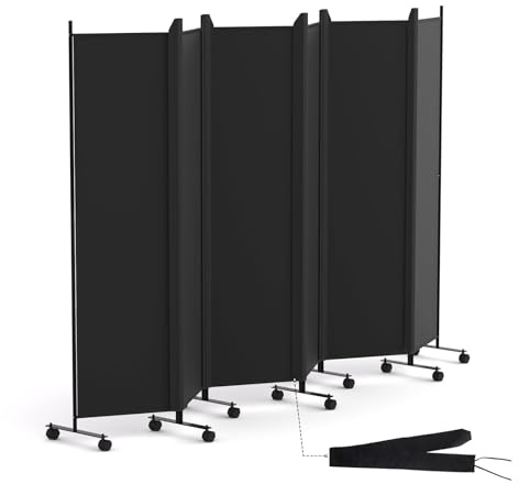 HIDODO 6 Panel Room Divider Folding Privacy Screen, Freestanding Room Partition with Lockable Wheels, Portable Wall Divider for Room Separation, 119 W x 70 H, Black