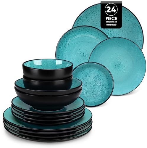 Tafelservice 6 Personen, vancasso BUBBLE Geschirrset 6 Personen aus Steingut, 24-tlg modernes Geschirr Set grün, mit Teller Set und Schalen Set, mikrowellenfest