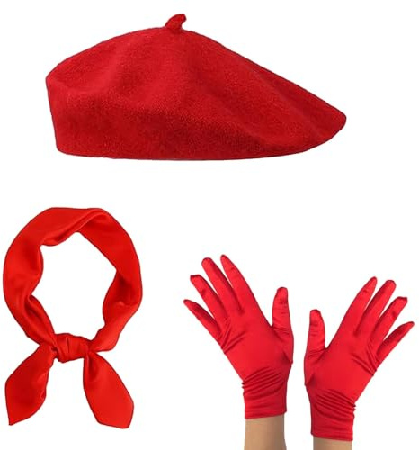 KHDULQ 3 Pièces Béret Français en Laine Femmes Rouge Classique Francais Laine Chapeau de Béret Foulard Carré et Gants Courts en Satin, pour Noël, Carnaval, Fêtes à Thème, Cosplay, l'opéra Festif