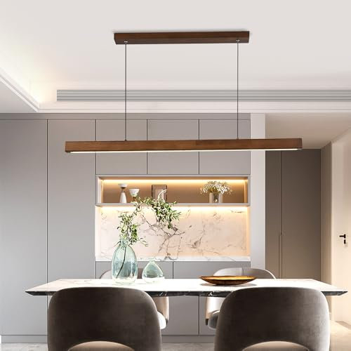 WLBHWL Holz Lineare Pendelleuchte 31 /39 / 47 LED Dimmbare Hängeleuchte Esszimmer Kronleuchter Insellampen Mit Fernbedienung Für Esszimmer Küche Insel Bar