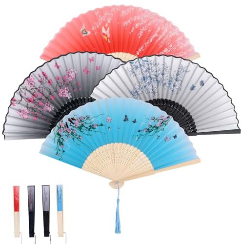BOXOB 4pcs Handheld Floral Folding Fans, Retro Pattern Chinese Style Wood Hollowed Hand Foldable Clack Fan with Tassel for Women Line Dancing Cosplay Accessories Wedding Party Gifts