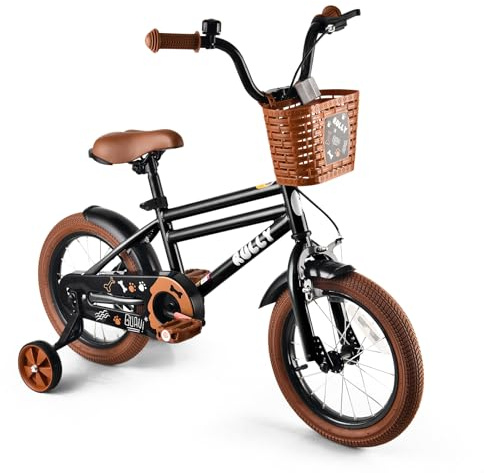 RULLY Bicicletta da ragazzo da 14 pollici, colore nero, bicicletta per bambini da 3 a 5 anni, con ruote di supporto, freno a contropedale e freno a mano, cestello, telaio in acciaio leggero
