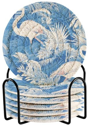 Fresh White Flamingo Flowers in Summer Coasters with Holder Set of 6 Table Coasters for Drinks House Bar Accessories