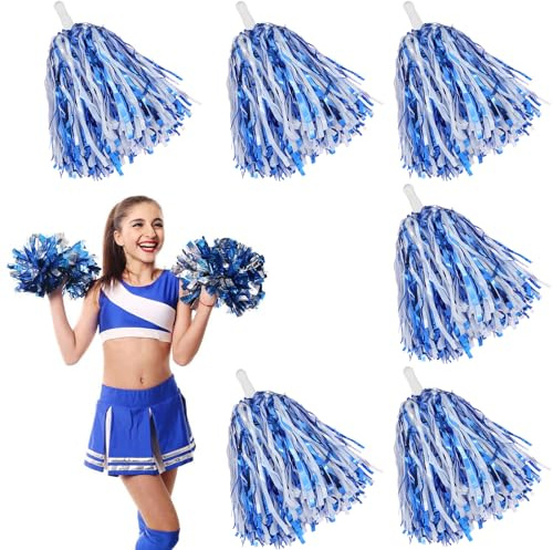6 pompones de animadora, pompones de animadora, pompones deportivos, pompones para eventos deportivos, juegos de pelota, bailes, fiestas de carnaval, azul y blanco