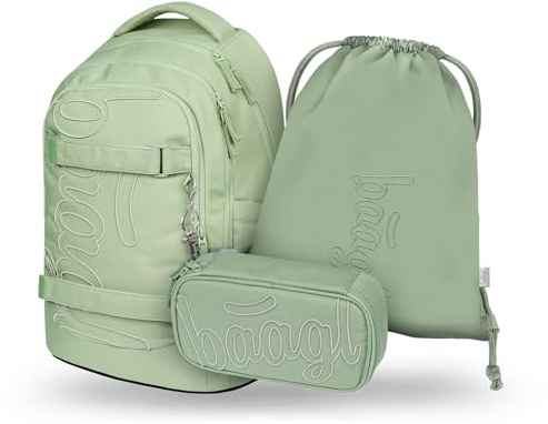 Baagl Schulrucksack Set Jungen Teenager 3 Teilig Skate MAX 30 l - Mentol | Schultasche und Mädchen Grundschule Ranzen mit Brustgurt bietet ergonomischen Schulranzen Komfort für Schule, Sport.