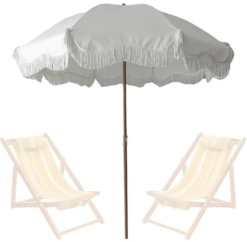 Parasol de plage avec franges - Parasol portable pour terrasse et jardin - Parasol réglable - Imperméable - Protection UV - Pour balcon et terrasse (mât en bois blanc)