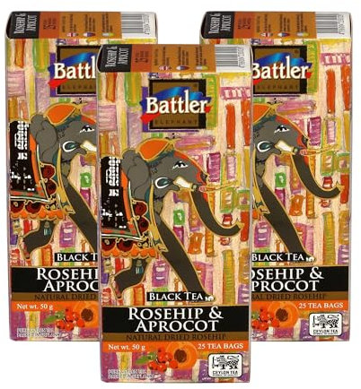 Battler Ceylon Black Tea with Rosehip & Apricot – 3 Multipack x 25 Double Chamber Teabags (2g Each) – Fruity Sri Lankan Blend with Natural Flavours – 75 Count