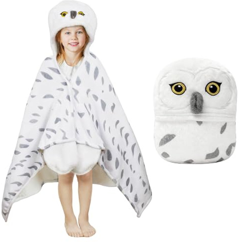 pewjury Decke mit Ärmeln und Kapuze, Schneeeule Decke mit Handschuhen, Tiermuster kuscheldecke flauschig, Kuschelige Flanell Geschenke Kuscheldecke für Frauen