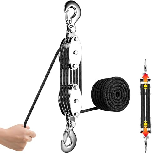 Flaschenzug Arbeitssparender 2000 kg Max.,8:1 20m Seil fürJagd Garage Lager | Schwerlast Flaschenzug mit Haken, 270° Drehbar Arbeitssparender Flaschenzug für Camping, 300 kg WLL, Schwarz