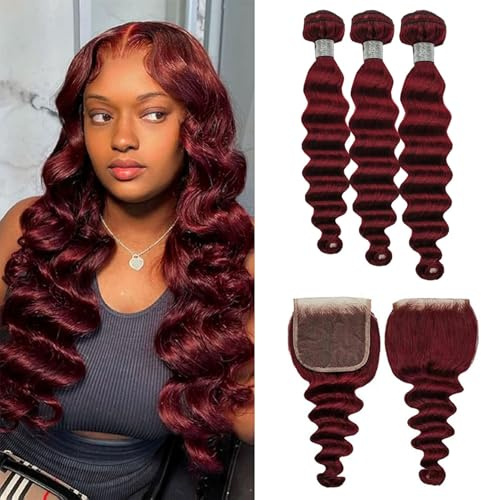 FUIBEJAE #99J Rojo Vino Paquetes Sueltos de Onda Profunda Cabello Humano 3 Paquetes con Cierre de Encaje 4X4 con Parte Libre Cabello Brasileño Onda Profunda Paquetes para,12 14 16+12free