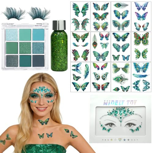 Pfauen Kostüm Damen, Schminke Pfau, Wimpern Pfau, Lidschatten Grün | Glitzersteine Gesicht, Glitzer Gel Gesicht, Temporöre Tattoos pfau, Kostüm PfaU Zubehör, zum Halloween Karneval