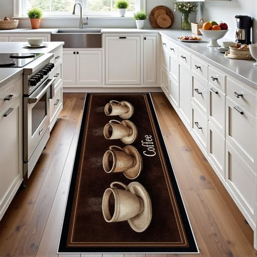 Meugesoi Kaffee Coffee Teppich Läufer 60x180 cm, Kaffeetasse rutschfest Teppichläufer, Braun Minimalistisch Kurzflor Küchenläufer, Waschbar, Faltbar, Carpet für Eingang, Küche, Wohnzimmer