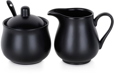 Vilde Milchkännchen und Zuckerdose Set aus Porzellan 2-teilig mit Schwarz | Deckel Löffel Modern Kaffee Zubehör für Haushalt Gastronomie spülmaschinengeeignet