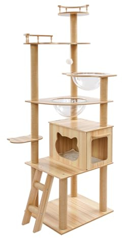 BRRIDE Árbol rascador de madera de 170 cm para salón, rascador grande para gatos con 2 cápsulas espaciales, columna rascadora, escalera, cueva, juguete para gatos, alfombrilla para rascar para